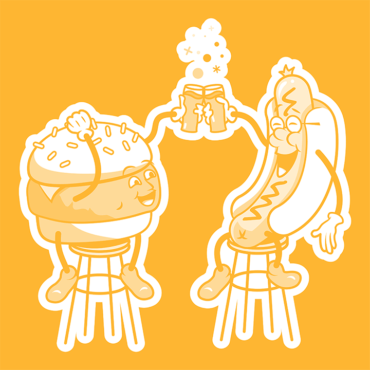 Hamburger and Hotdog toast, clinking beer glasses, while perched on high bar stools