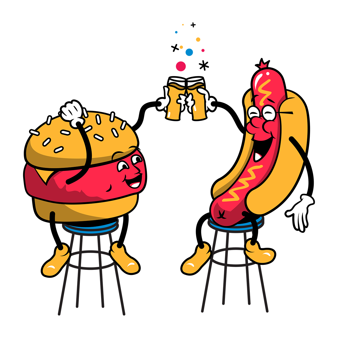Hamburger and Hotdog toast, clinking beer glasses, while perched on high bar stools